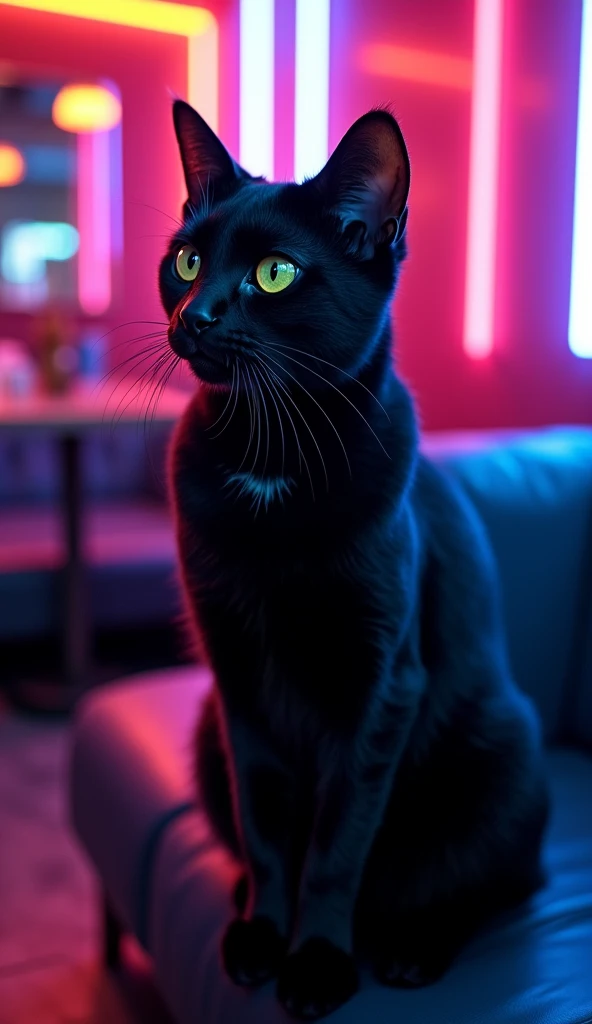 A hyper-realistic portrait of a black cat with sleek, glossy fur, turning its head to the left as if mid-conversation or observing something intently. The cat’s piercing yellow-green eyes catch the vibrant glow of surrounding neon lights, adding a mysterio...