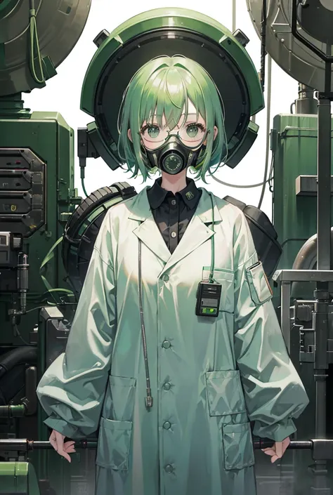 1girl, standing portrait, Central Focus, Centered, Fully in-frame, Solo, Standing still, zoomed out

Gender: Female

Appearance: Chernobyl laboratory scientist girl with short green hair and lab glasses and a gas mask wearing a green hazmat suit over a sle...