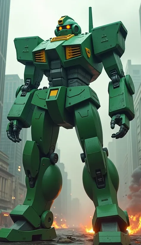  cool,  giant combat robot , green armor, Skyscraper Background,  The robot is about the size of a building, Desperate Situation, Fire and smoke are rising here and there , 