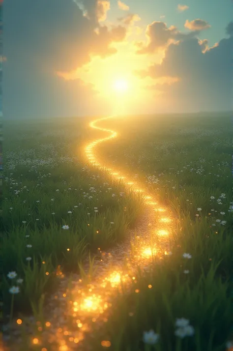 Pathway of Light Leading to the Horizon: A glowing pathway or trail of soft light winding through a meadow, leading toward a bright horizon. The image would suggest a peaceful journey to a pain-free place, with the light representing her spirit moving into...