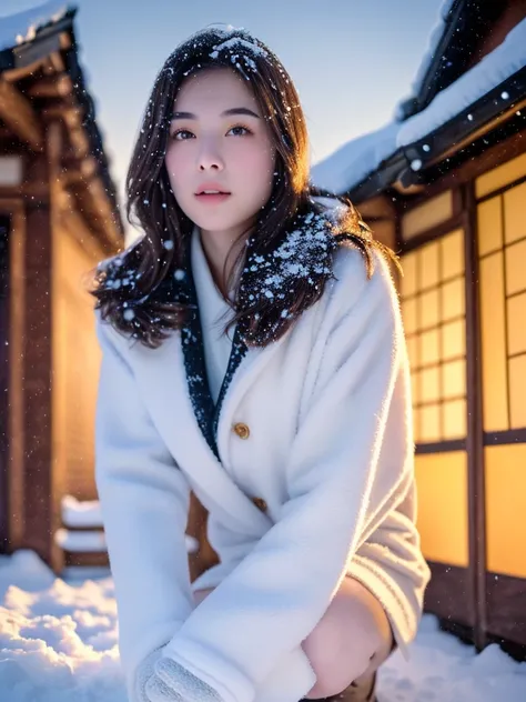 a beautiful young japanese girl, kneeling on a soft snow ground, looking at the camera, wearing long coats and gloves, scattered golden light, sky full of stars, mist, realistic image, soft white mist, beautiful pale skin, magical sparks, 1girl, extremely ...