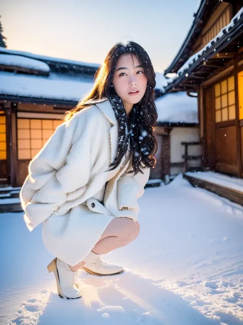 a beautiful young japanese girl, kneeling on a soft snow ground, looking at the camera, wearing long coats and gloves, scattered golden light, sky full of stars, mist, realistic image, soft white mist, beautiful pale skin, magical sparks, 1girl, extremely ...