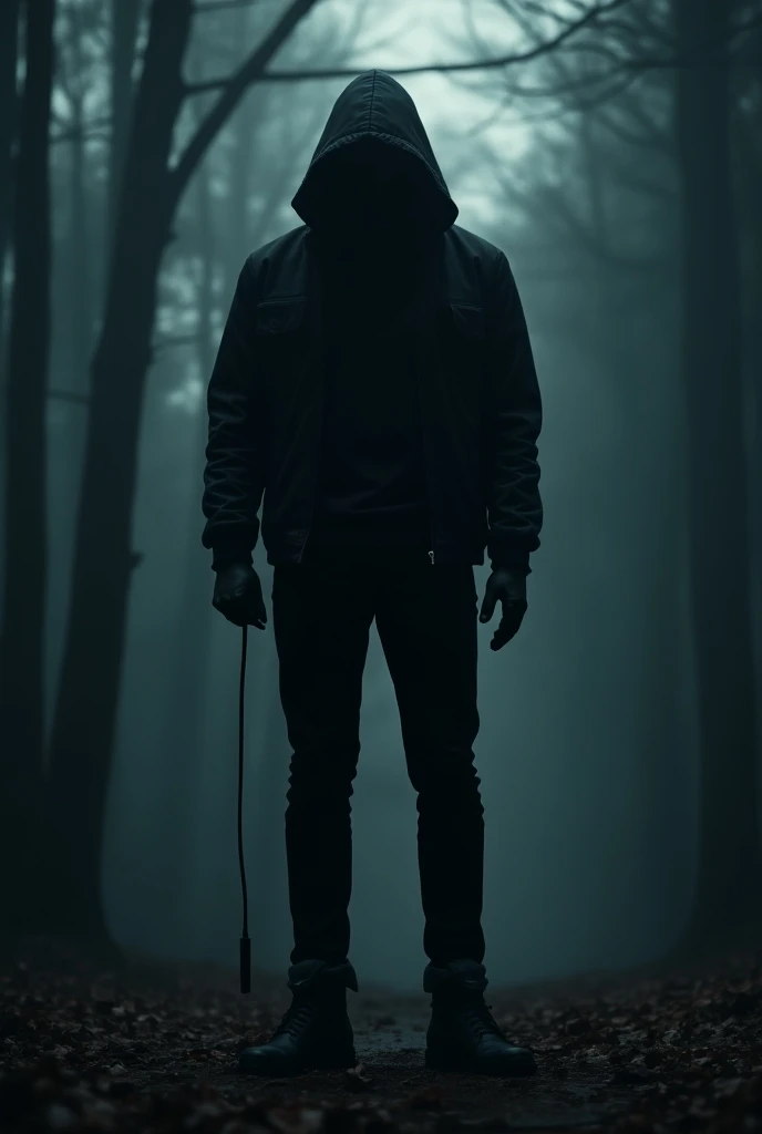 A man in dark shoes, dark trousers, dark leather gloves, a dark jacket with a hood covering his eyes, holding a charger cord in his hands. He stands in a gloomy forest