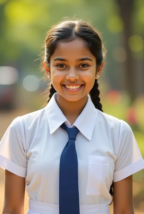 a beautiful cute young sri lanka teen girl,  detailed white frock uniform, color tie  , white shoes and socks , full body , wide photo ,cinematic lighting, hyperrealistic, photorealistic, 8k, masterpiece, warm colors, natural lighting , high quality, intri...