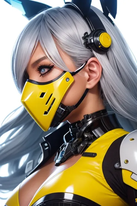 Futuristic attractive woman ,colour contact lens,
STEEL BODY ARMOR ,  WHITE CYBORG PROTECTOR ,  futuristic animal ear headgear,High Tech Accessories,(futuristic Hi-tech cool face mask:1.2),break,(A profile of a face facing forward, taken from the neck up:1...