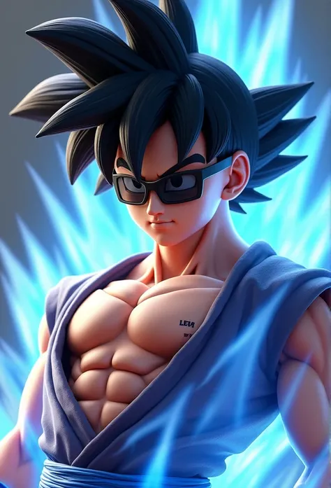 Realistic 3D rendering of son gohan, avec des lunette de soleil, Surrounded by blue energy, brawny, Hyperrealistic upper body photography