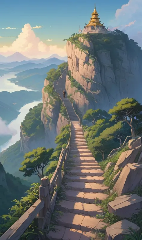  Dense Drawing Chinese Cartoon , Textbook Illustration ,Feng Zikai , Poetry & Painting East , A strong individual is walking on the steps of the mountain., Long Mountain Road , Steep Mountain Path , Early Morning ,Faint fog, Fangzhengjai ,high-definition, ...