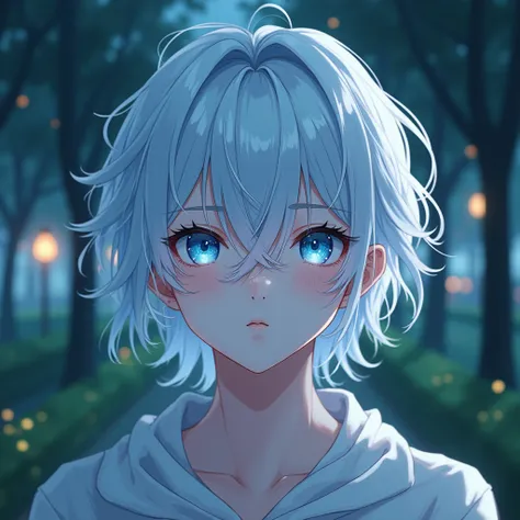 Anime of a pretty boy with white hair and blue eyes, background park, selfie, autophoto, night, background light, Obra maestra, Brillar