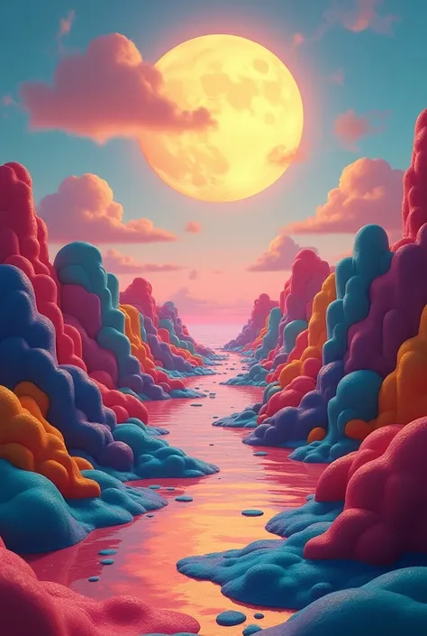 "A sea of colorful geometric shapes with a glowing moon above"