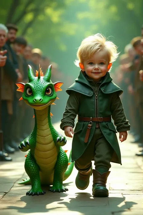 Captured in a hyper-realistic, cinematic-style photograph (4K), a very real baby boy with emerald green eyes confidently walks down a luxurious fashion runway, side by side with a lifelike green dragon. The boy, with soft round cheeks and a playful smile, ...