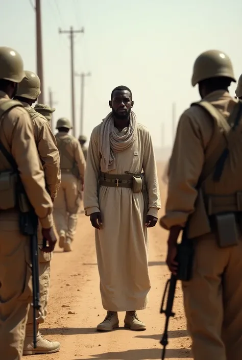 
a somali person standing on the road being arrested by saudi soldiers full body