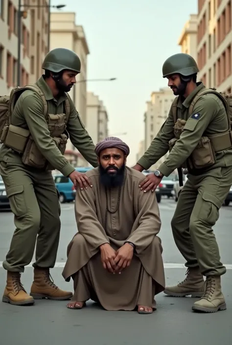 
a somali person sitting on the road being arrested by saudi soldiers full body