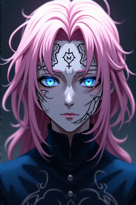 The combination of Gojo Satoru and sukuna face from the Jujutsu Kaisen anime and the marks on 
sukuna face with light pink hair and Goju Satorus eyes and the background should be dark.