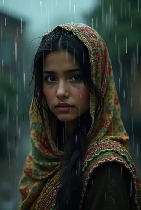 Image of a beautiful Pakistani girl wearing traditional dress, standing in rain with sad face and crying