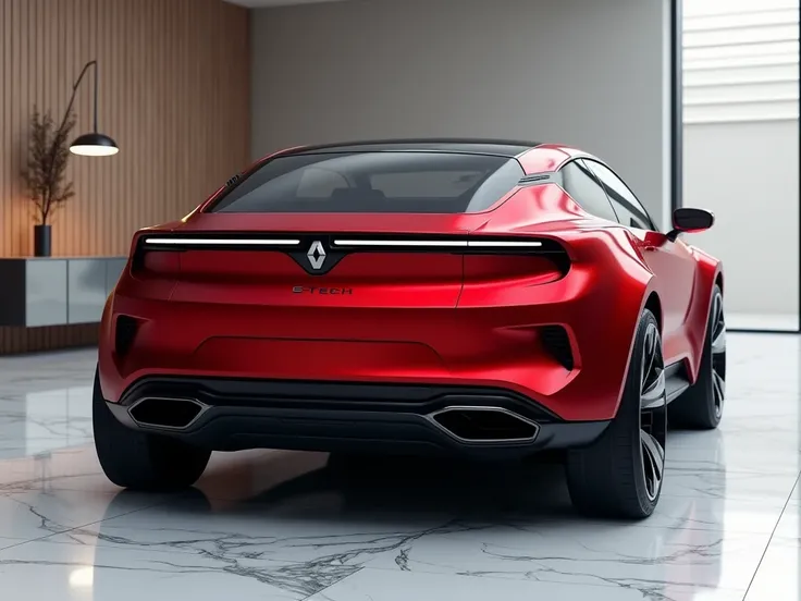 The rear fascia concept design of the 2025 Renault E-Tech hatchback is very realistic and full of striking metallic Flame Red color. This image is very sharp with super ultra HD quality, with clear and shiny black glass. The straight, upright rear carries ...