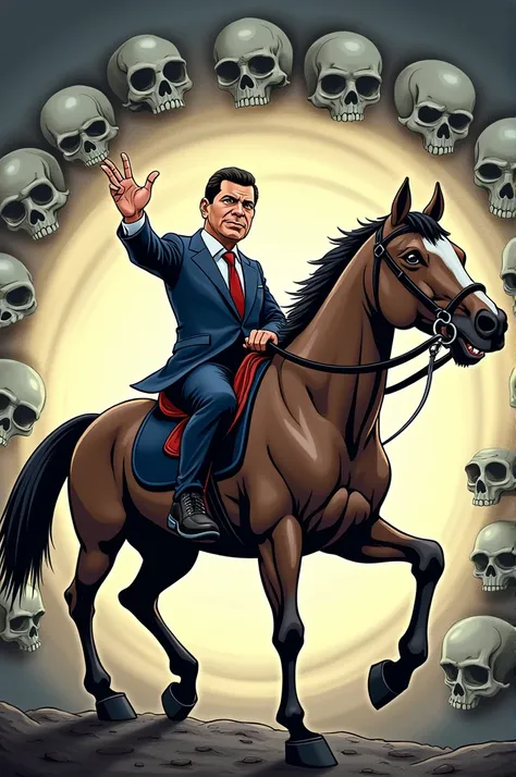 Cartoon of Álvaro Uribe Vélez, former president of Colombia, mounted on a horse, , with his hand extended over skulls and bones circling around him.