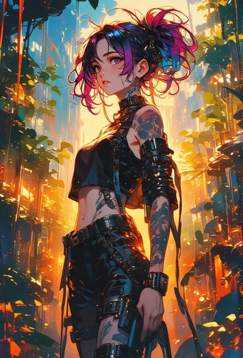 highly detailed highly realistic, best quality masterpiece, full watercolors, all colors -haired  em fusão Lili + girl shiriu sexy atraente sensual como uma cyber a gente punk tatuada estilosa moderna, está de pé em um jardim de arvores withe raios fire + ...