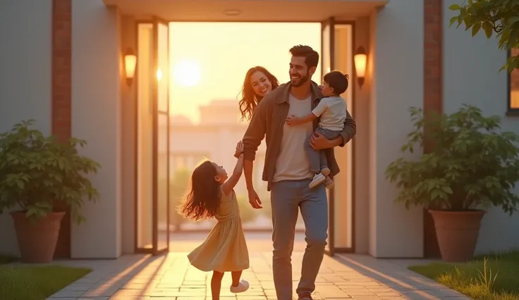 Create an image of Clara walking out of the hospital to see Miguel and their ren waiting, with a joyful, complete expression as she embraces her family, aspect ratio 16:9

