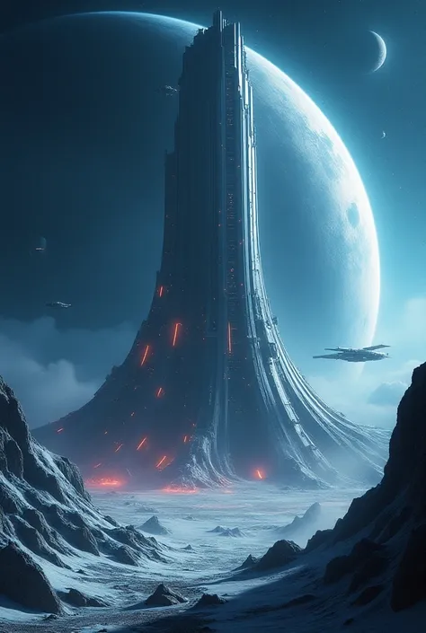 A breathtaking view from space showing the Starkiller Base, designed with elegant, curved architecture that subtly resembles the smooth, symmetrical lines of a feminine silhouette. The massive base is embedded within an icy planet, with sleek metallic stru...