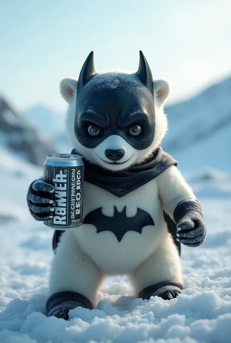 Newborn polar bear mixed with Batman holding a zero Coca-Cola
