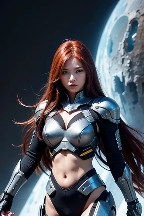 ( highdefinition images)、( high quality)、Female cyborg fighting against aliens、 Japanese、 sexy、Dynamic pose、 Im wearing mechanically designed armor、Future Background、 beautiful well-groomed face、clear eyes and balanced facial features、 Muscular and Slender...