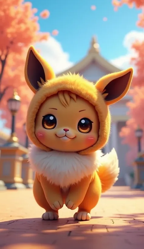 20 % on the full screen ,  a baby cat drawn in small size , Realisticで写実的な赤ちゃん猫,  a baby cat wearing a stuffed animal in the shape of Eevee ,  and a baby cat wearing a stuffed Eevee on its head,  cute baby cat standing on 2 back legs ,  baby cat without na...