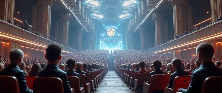 An auditorium in a theater, best quality, view of the seats, the audience was made up of aliens from all across the galaxy. 