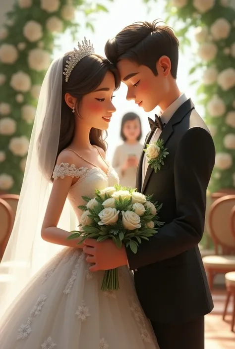 Realistic Animated Bride in Christian wedding organza puffy gown with veil and silver crown and open wavy hair and bouquet in hand in peacock green and white color. And groom in black tuxedo with buttonhole in peacock green and white flowers. Background sh...