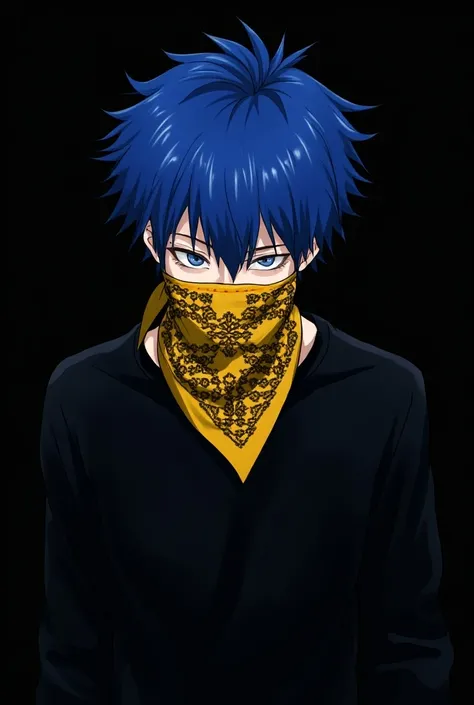  SAZ YT⁷⁷⁷, An illustration of a young male figure with striking blue hair, wearing a black long-sleeve shirt. His face is partially covered by a yellow and black patterned bandana, adding an air of mystery. The background is solid black,