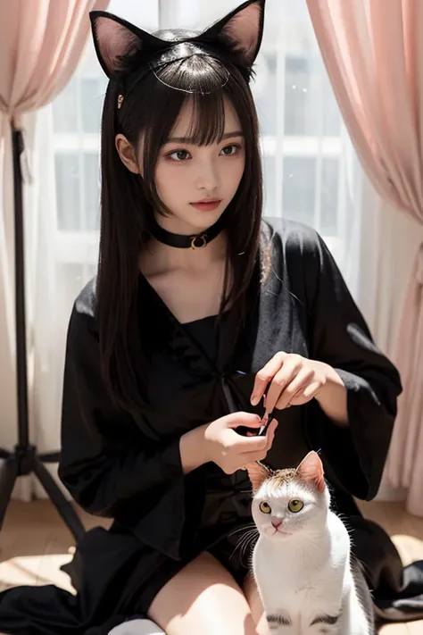  , BREAK, Fashion: (Black robe adorned with cat motifs, a witch’s attire imbued with magical power:1.4),
, BREAK, Accessories: (Cat ears and tail accessories enhancing the witch’s charm:1.3),
, BREAK, Makeup: (Makeup resembling cat eyes, creating a mysteri...