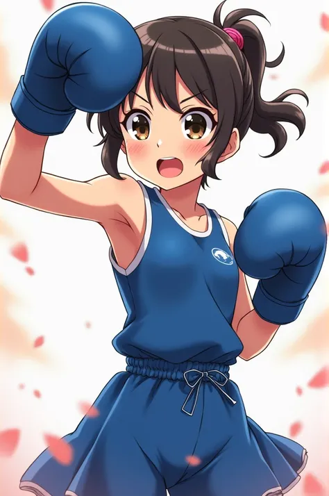 A little Japanese Anime girl in blue sleeveless boxing outfit swinging her arms in air showing her armpits 