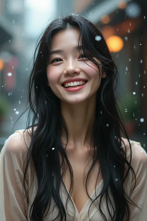 Image of a beautiful Korean girl  standing in rain with happy face and enjoying the rain 