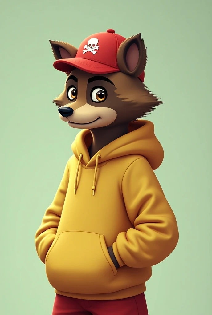 Take a profile picture for me , Make a male human raccoon in light yellow and red hoodie and hat with the Foxy the Pirate hat from the game Five Nights at Freddys on a light green gray background