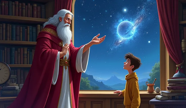 Image inspired by the story Excalibur from The Sword in the Stone: Merlin, with a deep and wise gaze, talks about stars and planets while Arthur, excited, imagines other worlds. Merlin, in his mystical clothes and scholarly posture, points to the sky visib...