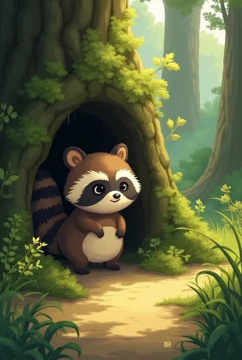 A cute little tanuki sneaks out of the house