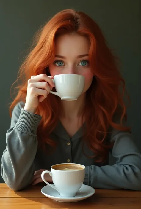 (photorealism:1.2), beautiful girl sitting on a table with blue and green eyes and long red curly hairs taking a cup of coffe