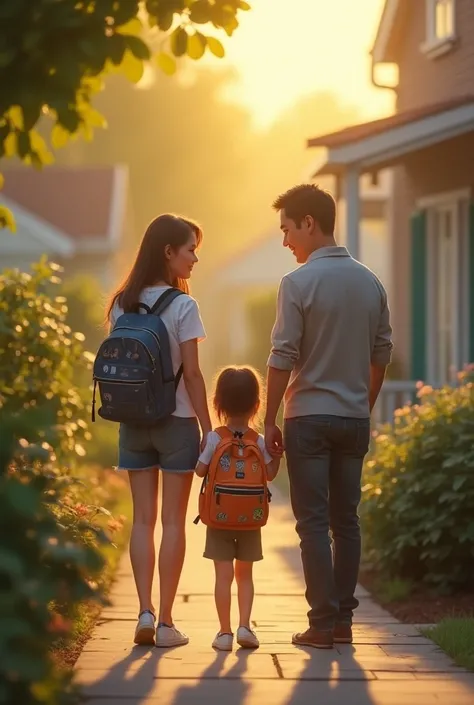 A couple sending a girl  to school saying bye