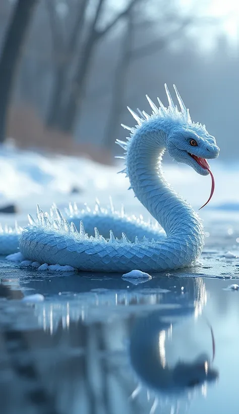 Design a cold-blooded hybrid of a snake infused with ice, with translucent, frosty scales and shards of ice running along its spine. Its tongue flickers like a sharp icicle, and a frosty mist emits from its mouth. Place this chilling creature on a frozen l...