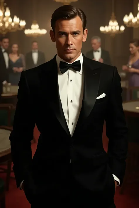 Create an image of a suave and sophisticated 1960s James Bond, styled in the fashion of that era. He should be wearing a sharp, tailored tuxedo with a black bow tie, exuding the charm and confidence typical of Bond. His hairstyle is neatly combed, with a p...