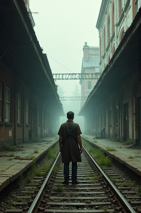 Alone man standing at old railway station 