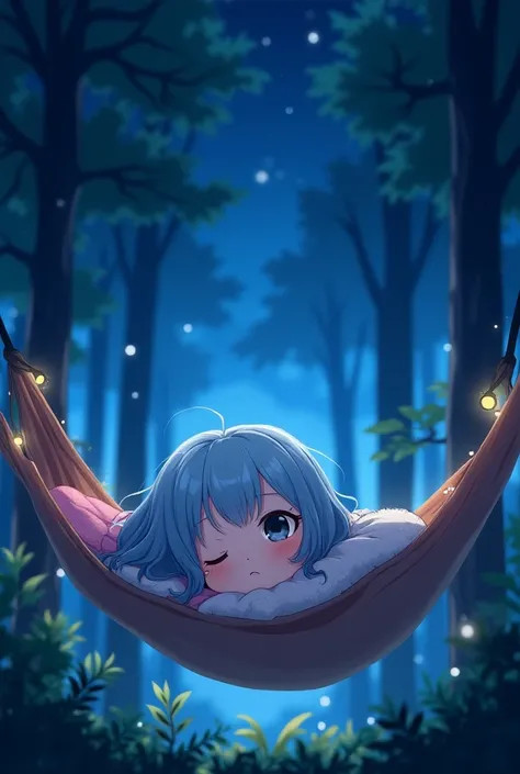 Anime Re:Zero style, Emilia-style female, height 150cm, sky blue hair, black eyes, loose and fluffy, semi-long, outfit, uniform, short skirt, background, night forest, sleeping in a hammock, glitter, high quality, 8K Ultra HD, anime-style digital illustrat...