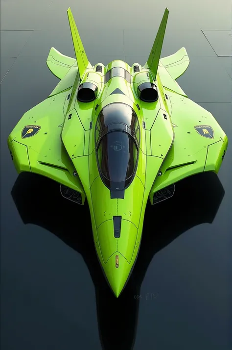 "Design a futuristic fighter jet inspired by Lamborghinis sleek and aggressive sports car design. The jet should have sharp, angular lines with a low, wide stance, resembling the aerodynamic style of a Lamborghini. The body is painted in bold, high-tech me...