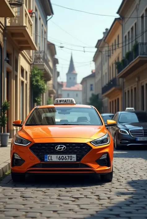 a nice orange taxi (Hyundai Sonata) is driving around a small Ukrainian town, in the next scene a business class taxi is driving