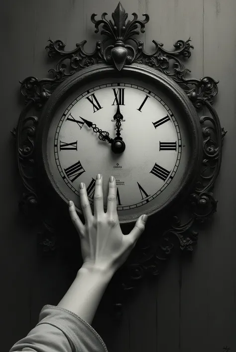 Drawing of an old clock ,  in its center is crossed by a girls hand that is stopping the needles