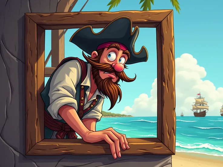 Create a pirate looking through a frame clinging sideways cartoon