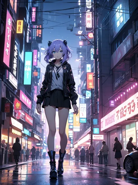 Anime girl in short skirt and boots walking down a city street, cyberpunk art by Shitao, trend on pixiv, arte digital, Anime style 4k , Best Anime 4K Konachan Wallpaper,  8k anime art wallpaper , chica anime cyberpunk, cyberpunk anime art, anime rudo 8K,  ...