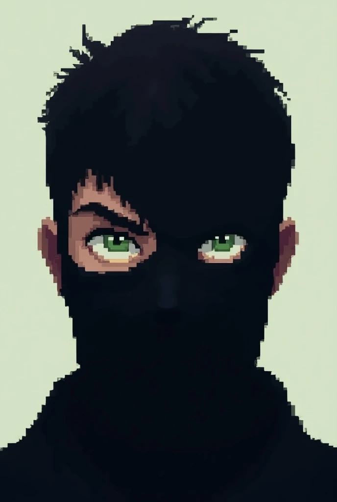 Take an 8bit profile picture of a young man in a black mask and green eyes 