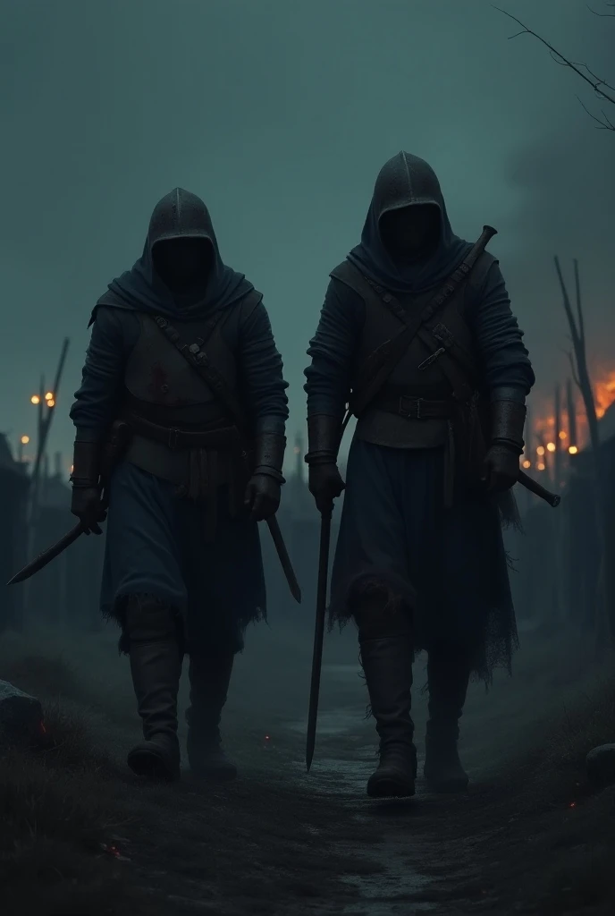 2 medieval soldiers returning from battlefield at night