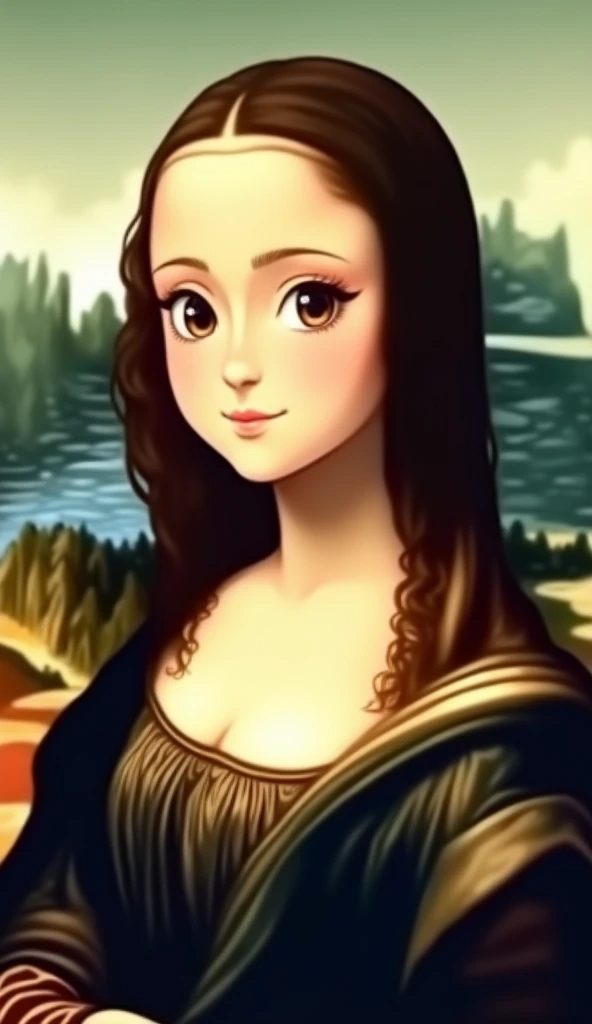 An anime-style portrait inspired by the Mona Lisa, featuring a young woman with soft, elegant features and a gentle, mysterious smile. She has large, expressive eyes with a hint of sparkle, capturing the viewer’s attention and evoking a sense of intrigue. ...