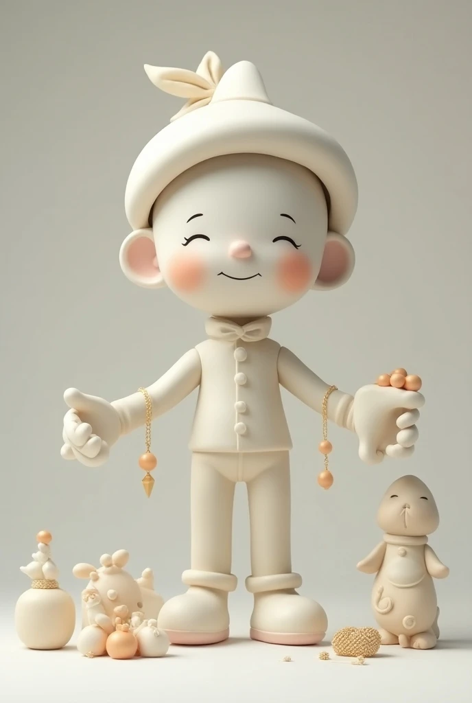 The character in the offer  (simple white doll with hat)  showing his merchandise and explaining how much is available and at what price.